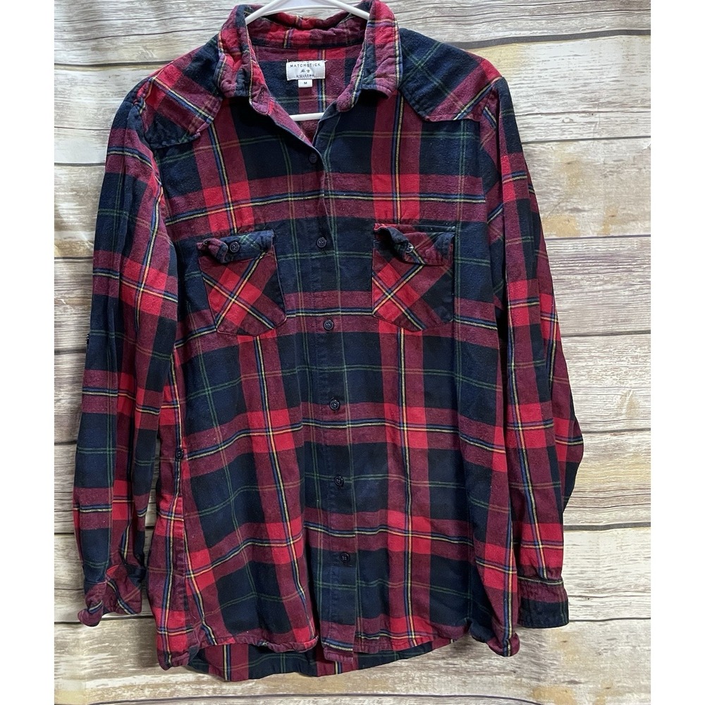 Matchstick Red Green‎ Blue Checkered Flannel Women's Medium Thick Long Sleeve